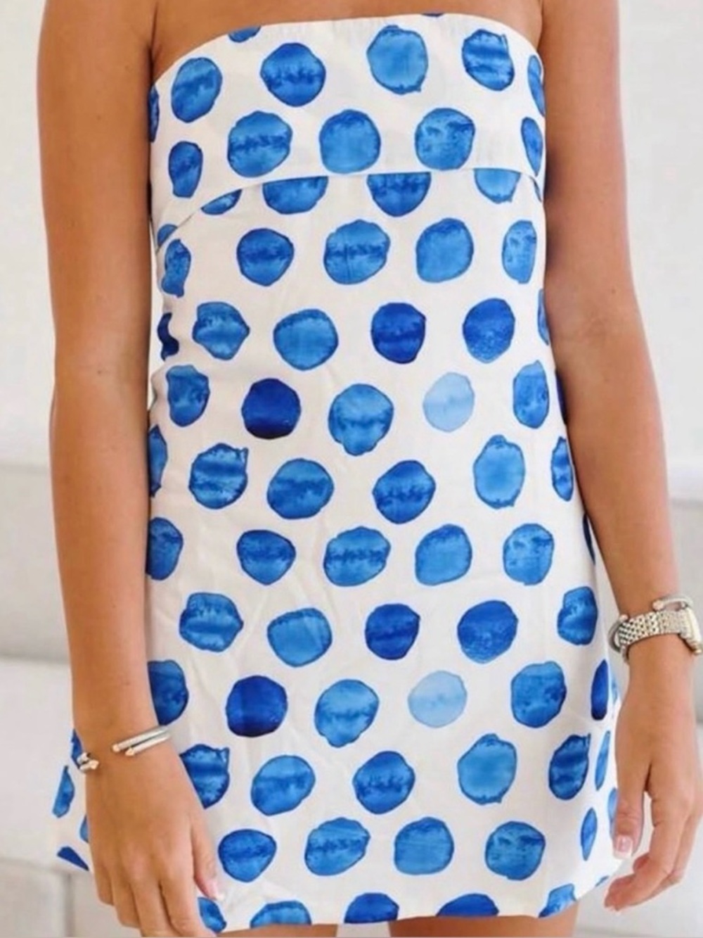 Blue Watercolor Dot Strapless Mini Dress